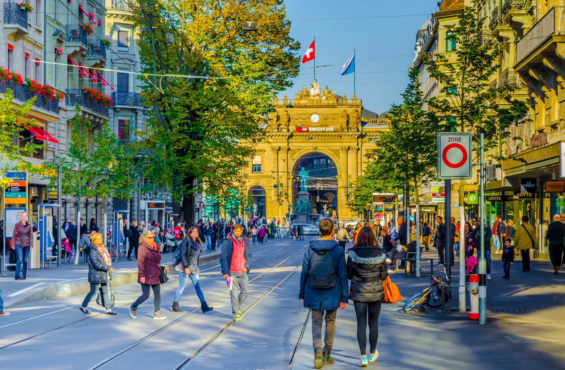 Traffic and shopping mall on Bahnhofstrasse in Zurich